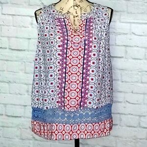 Crown & Ivy Sleeveles Geometric Pattern Crochet Detail Tunic, Size S